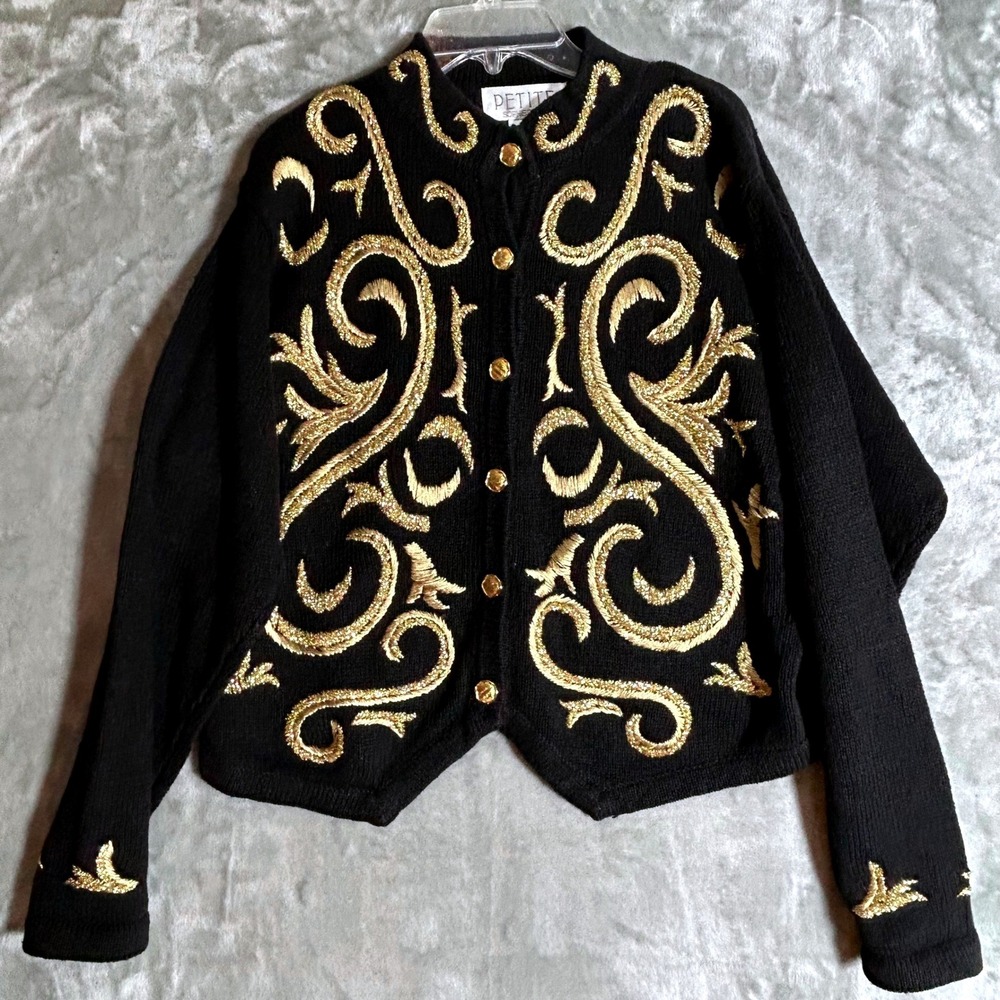 Petite Sophisticate Black Gold Embroidered Cardigan Sweater Petite M Baroque